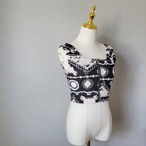 Black White Graphic Crop Vest Top Zip Front Y2K Festival Clubwear S